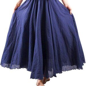 Navy Blue Long Flowy Bohemian Cotton Linen Casual Maxi Skirt